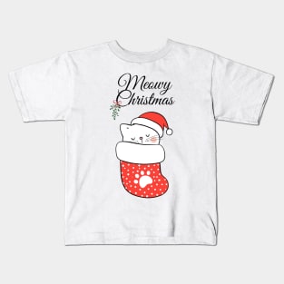 Cute Christmas - Meowy Christmas Cat with Hat Sleeping Kids T-Shirt